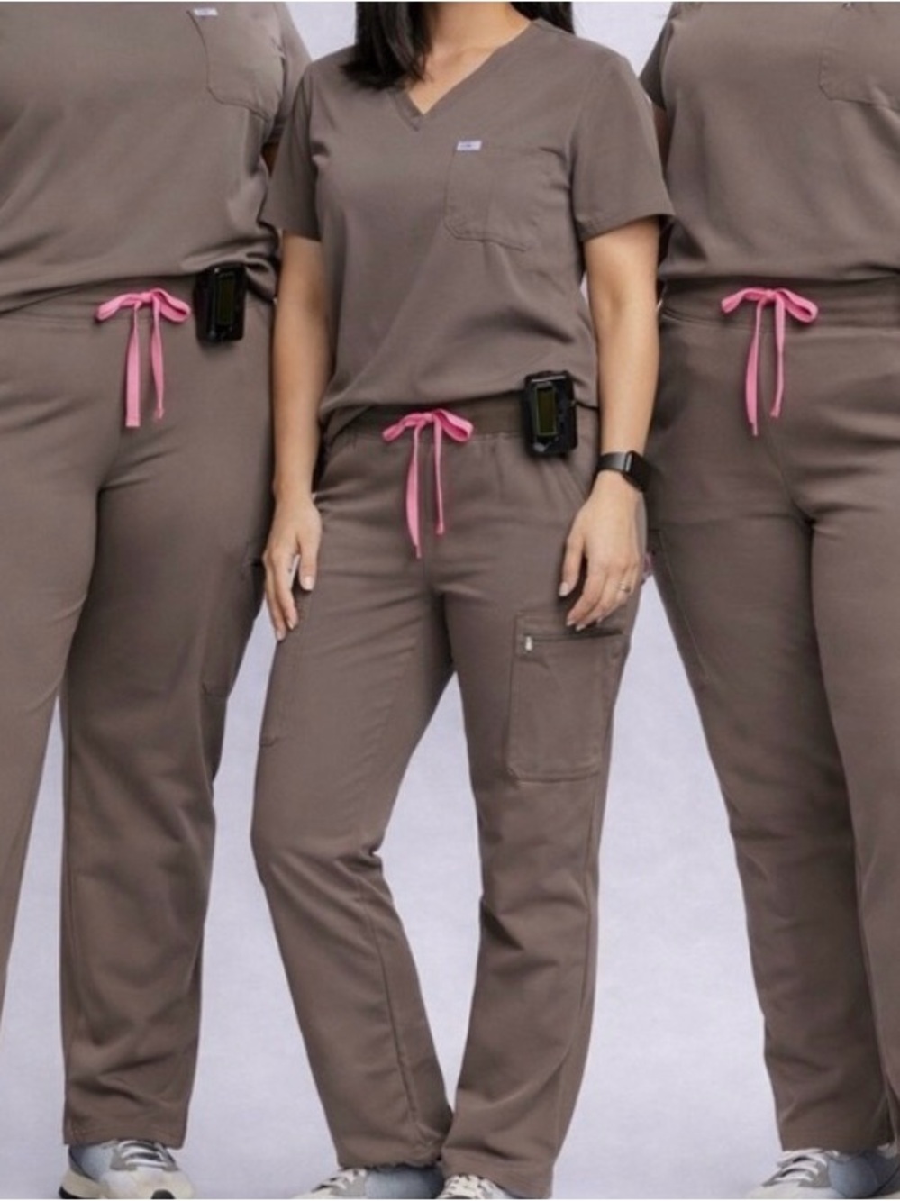 FIGS Taupe Cargo Jogger Scrub Pants with Pink Drawstring & Catrina scrub top